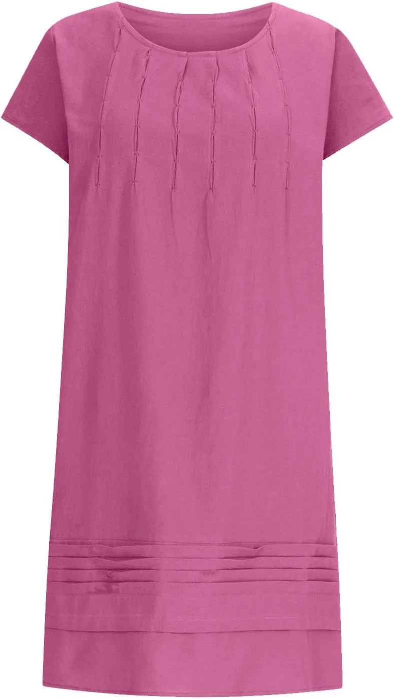 Linen Dress for Women Summer Pleated a Line Travel Sundress Crewneck Short Sleeve Dresses Vacation Casual Dress 2025