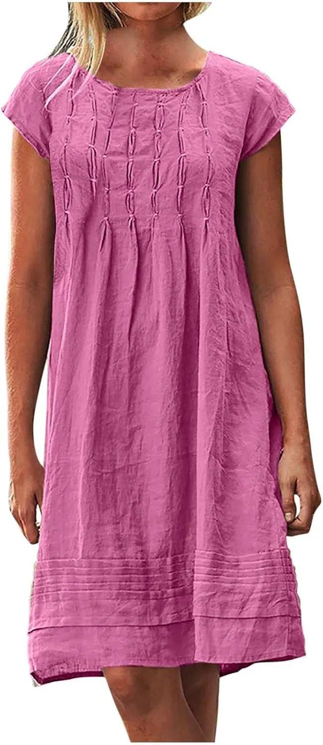 Linen Dress for Women Summer Pleated a Line Travel Sundress Crewneck Short Sleeve Dresses Vacation Casual Dress 2025