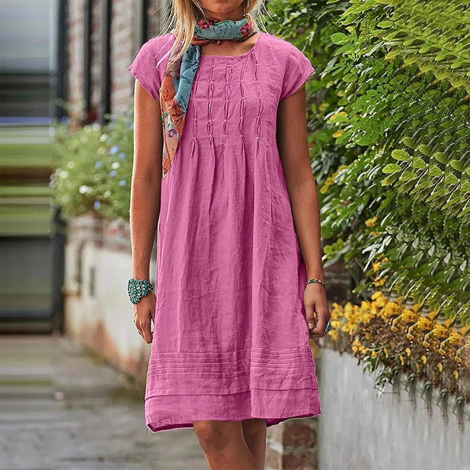 Linen Dress for Women Summer Pleated a Line Travel Sundress Crewneck Short Sleeve Dresses Vacation Casual Dress 2025