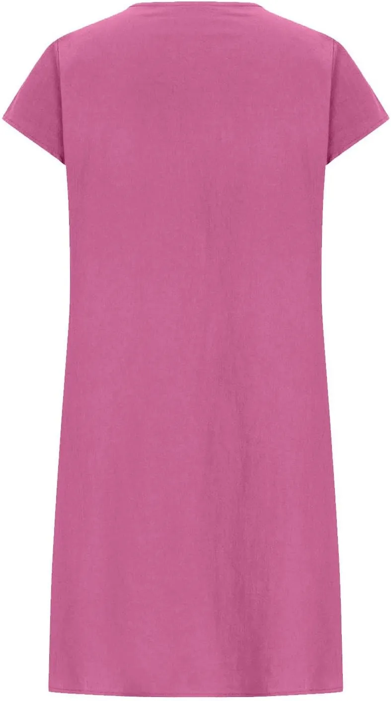 Linen Dress for Women Summer Pleated a Line Travel Sundress Crewneck Short Sleeve Dresses Vacation Casual Dress 2025