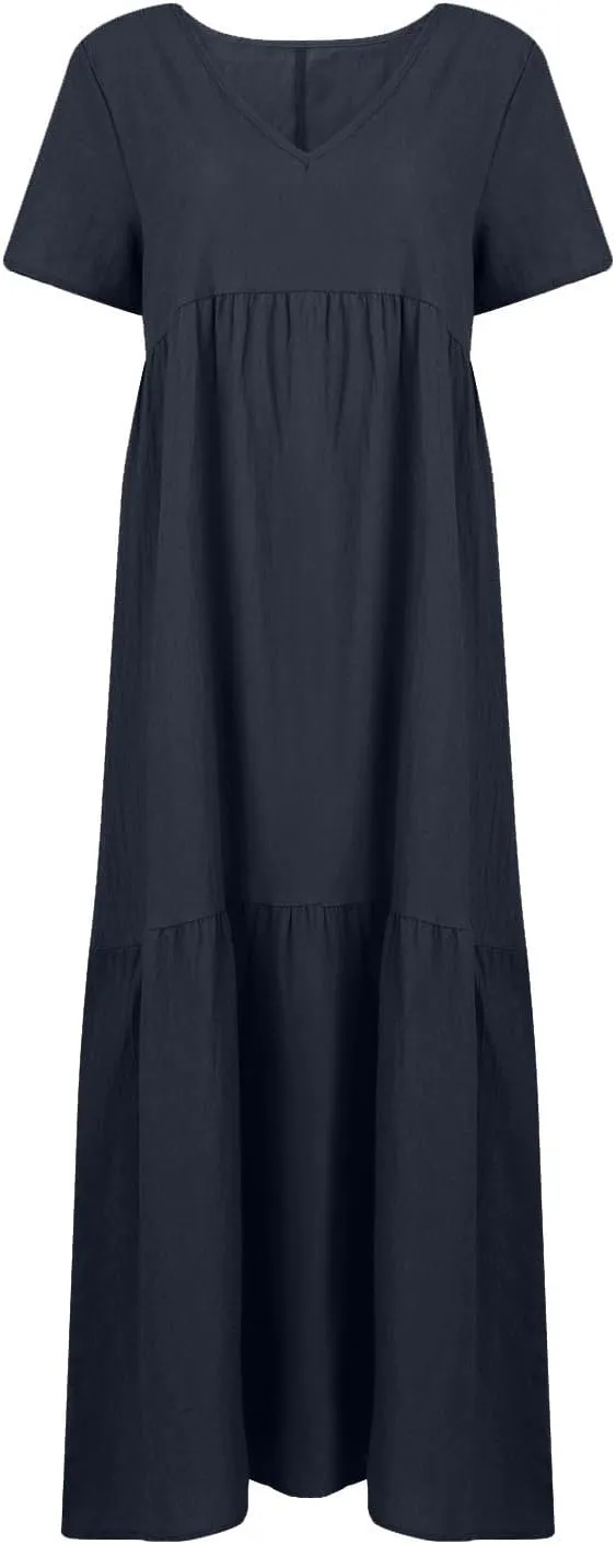 Linen Dress Women Summer Short Sleeve V Neck Plus Size Maxi Dress Casual Flowy Loose Long Vacation Beach Dresses