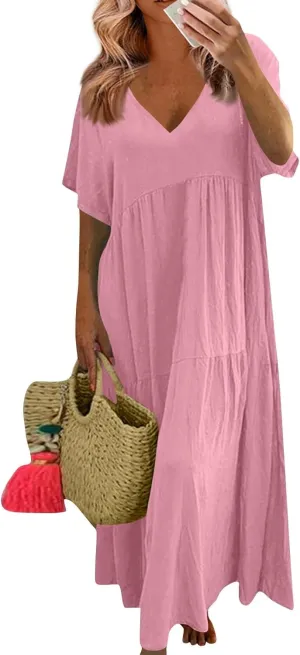 Linen Dress Women Summer Short Sleeve V Neck Plus Size Maxi Dress Casual Flowy Loose Long Vacation Beach Dresses