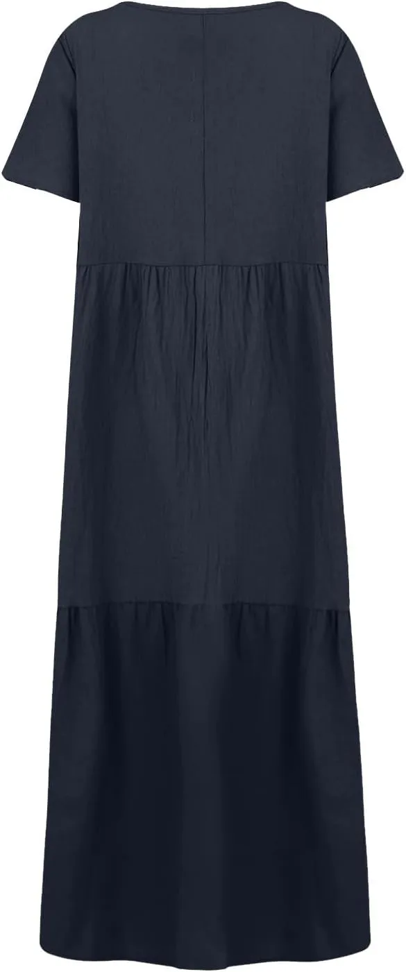 Linen Dress Women Summer Short Sleeve V Neck Plus Size Maxi Dress Casual Flowy Loose Long Vacation Beach Dresses