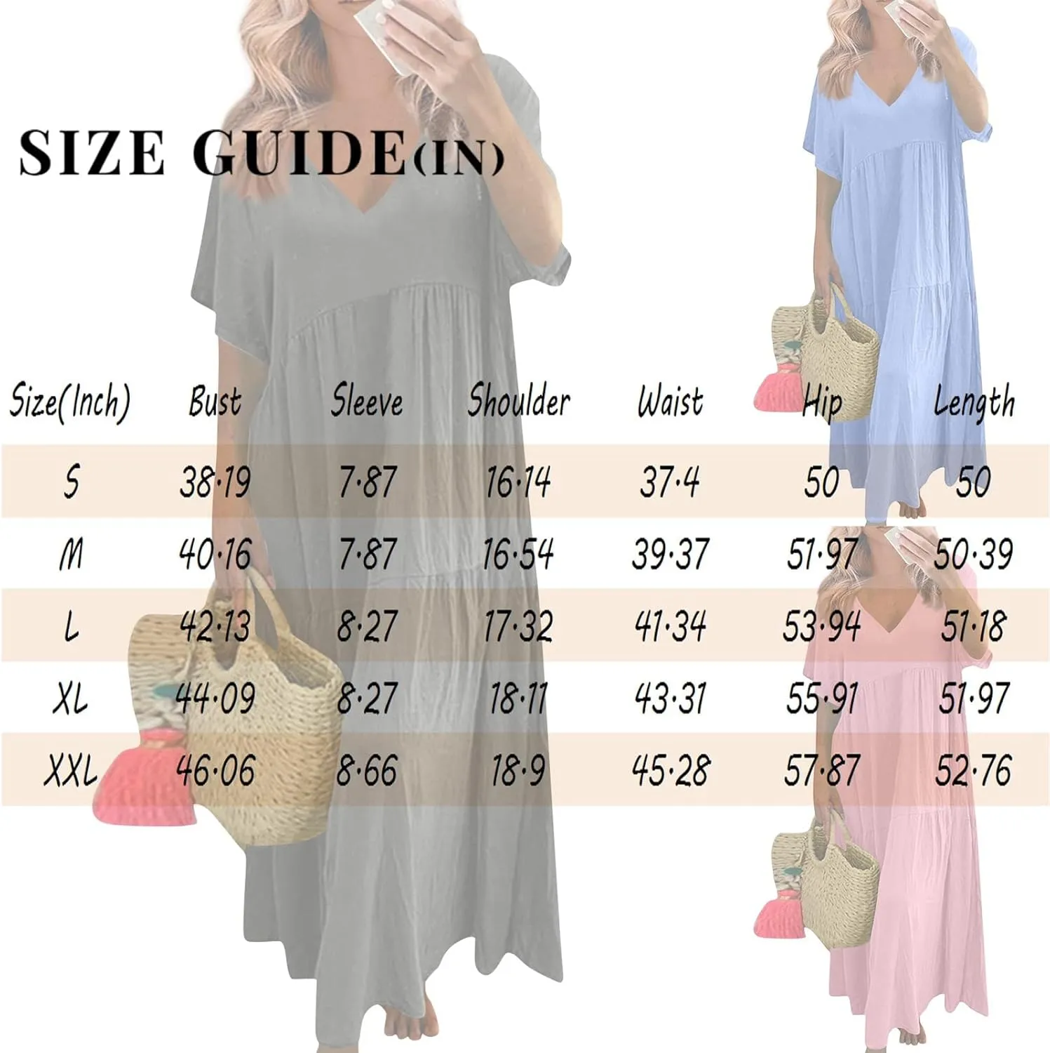 Linen Dress Women Summer Short Sleeve V Neck Plus Size Maxi Dress Casual Flowy Loose Long Vacation Beach Dresses