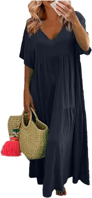 Linen Dress Women Summer Short Sleeve V Neck Plus Size Maxi Dress Casual Flowy Loose Long Vacation Beach Dresses