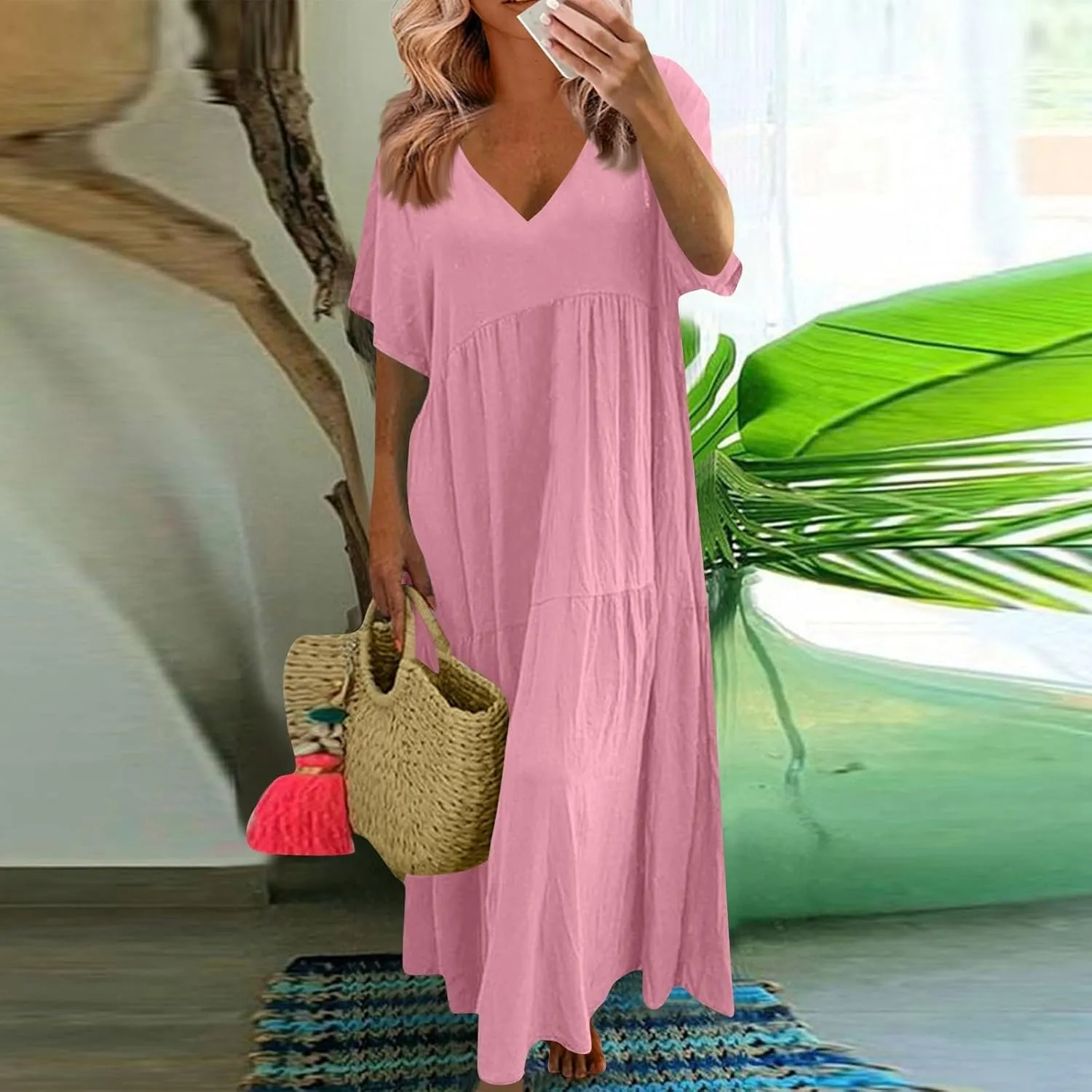 Linen Dress Women Summer Short Sleeve V Neck Plus Size Maxi Dress Casual Flowy Loose Long Vacation Beach Dresses