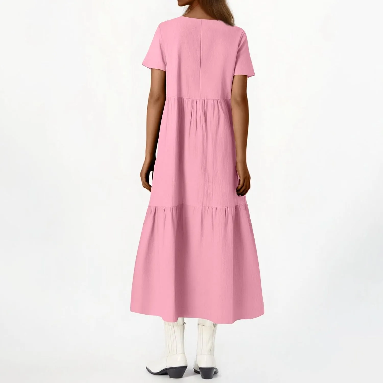 Linen Dress Women Summer Short Sleeve V Neck Plus Size Maxi Dress Casual Flowy Loose Long Vacation Beach Dresses