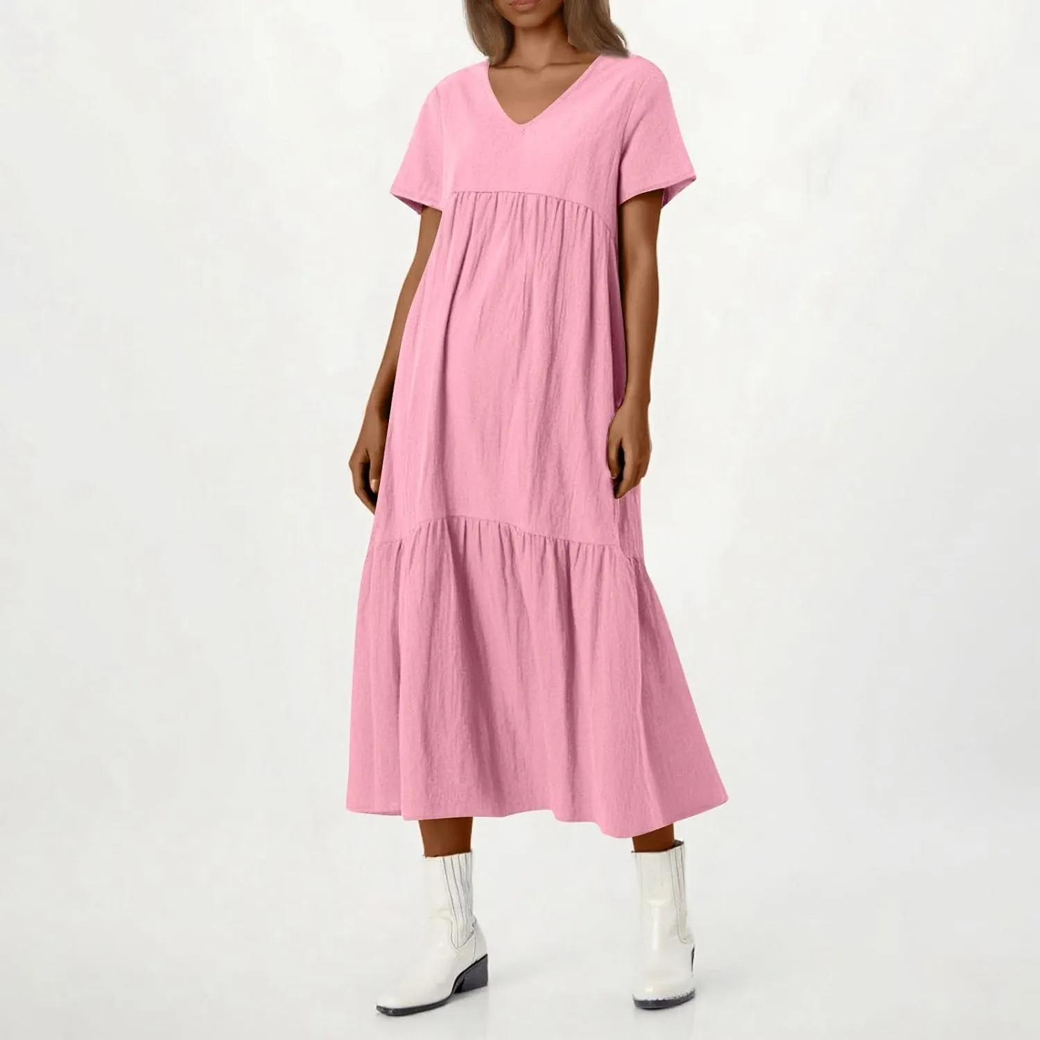 Linen Dress Women Summer Short Sleeve V Neck Plus Size Maxi Dress Casual Flowy Loose Long Vacation Beach Dresses