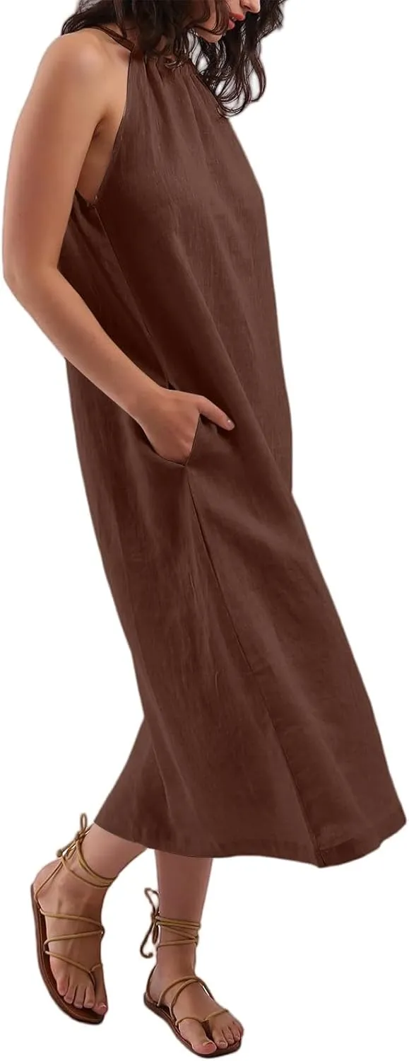 Linen Dresses for Women 2025 Casual Summer Sleeveless Halter Neck Midi Dress Long Flowy Beach Sundress with Pockets