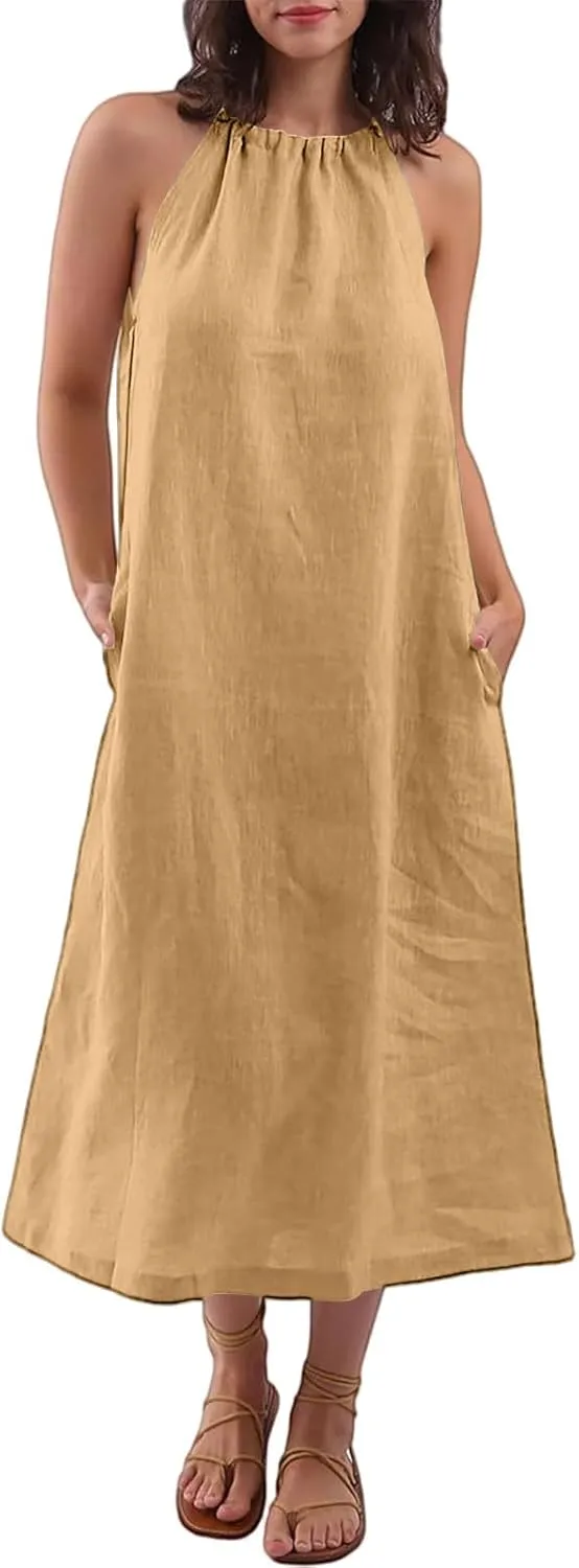 Linen Dresses for Women 2025 Casual Summer Sleeveless Halter Neck Midi Dress Long Flowy Beach Sundress with Pockets