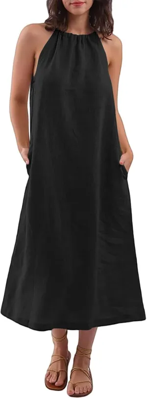 Linen Dresses for Women 2025 Casual Summer Sleeveless Halter Neck Midi Dress Long Flowy Beach Sundress with Pockets