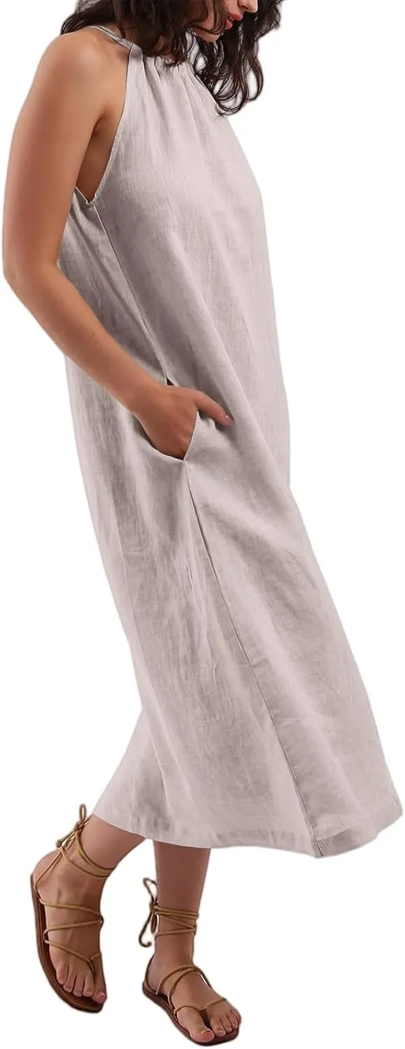 Linen Dresses for Women 2025 Casual Summer Sleeveless Halter Neck Midi Dress Long Flowy Beach Sundress with Pockets