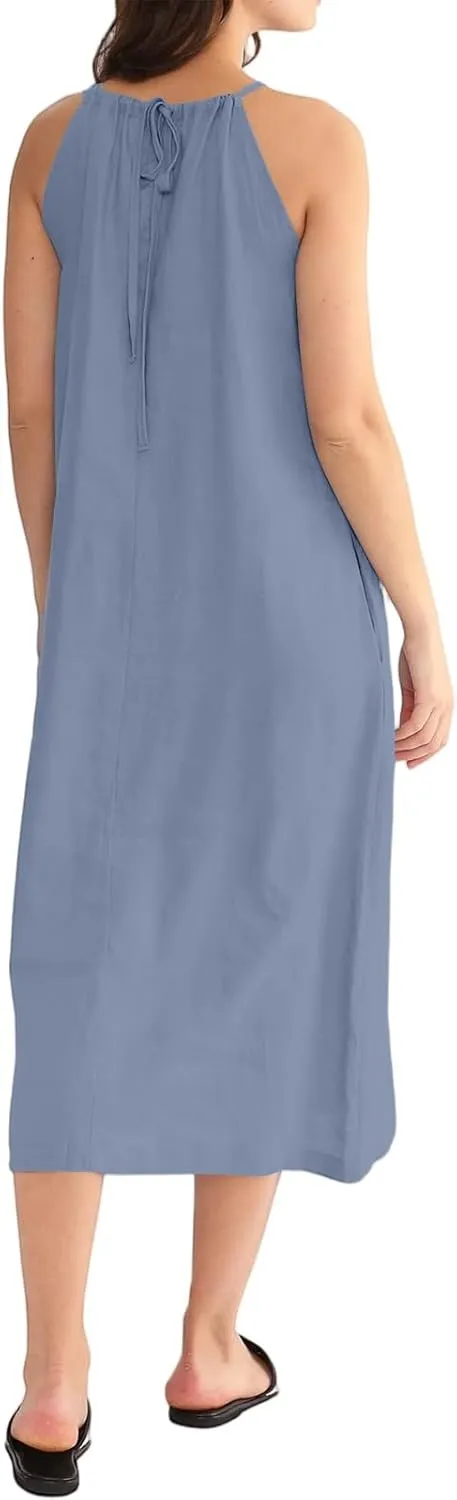 Linen Dresses for Women 2025 Casual Summer Sleeveless Halter Neck Midi Dress Long Flowy Beach Sundress with Pockets