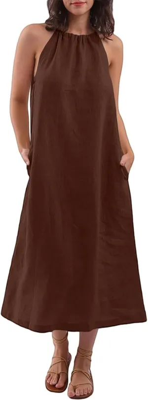 Linen Dresses for Women 2025 Casual Summer Sleeveless Halter Neck Midi Dress Long Flowy Beach Sundress with Pockets