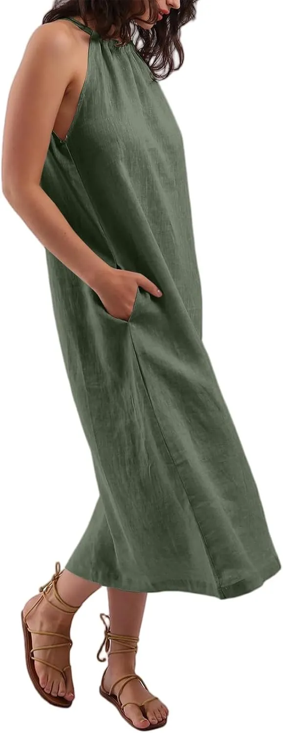 Linen Dresses for Women 2025 Casual Summer Sleeveless Halter Neck Midi Dress Long Flowy Beach Sundress with Pockets