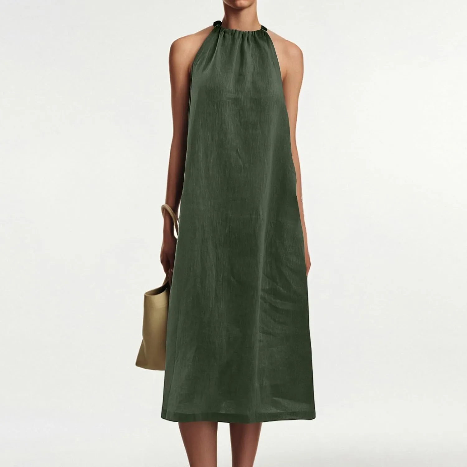 Linen Dresses for Women 2025 Casual Summer Sleeveless Halter Neck Midi Dress Long Flowy Beach Sundress with Pockets