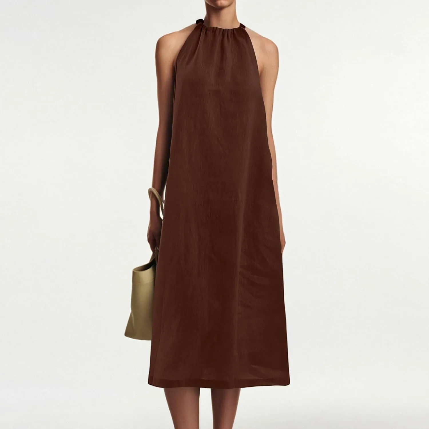 Linen Dresses for Women 2025 Casual Summer Sleeveless Halter Neck Midi Dress Long Flowy Beach Sundress with Pockets