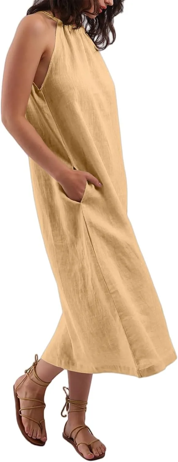 Linen Dresses for Women 2025 Casual Summer Sleeveless Halter Neck Midi Dress Long Flowy Beach Sundress with Pockets