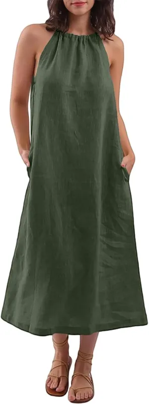 Linen Dresses for Women 2025 Casual Summer Sleeveless Halter Neck Midi Dress Long Flowy Beach Sundress with Pockets