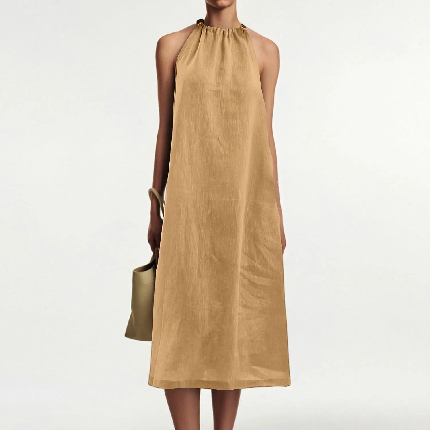 Linen Dresses for Women 2025 Casual Summer Sleeveless Halter Neck Midi Dress Long Flowy Beach Sundress with Pockets