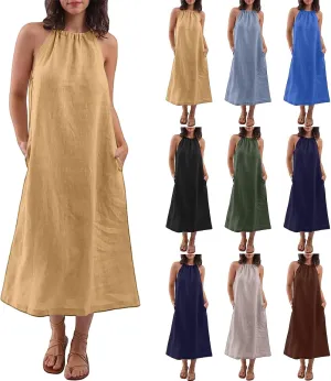 Linen Dresses for Women 2025 Casual Summer Sleeveless Halter Neck Midi Dress Long Flowy Beach Sundress with Pockets
