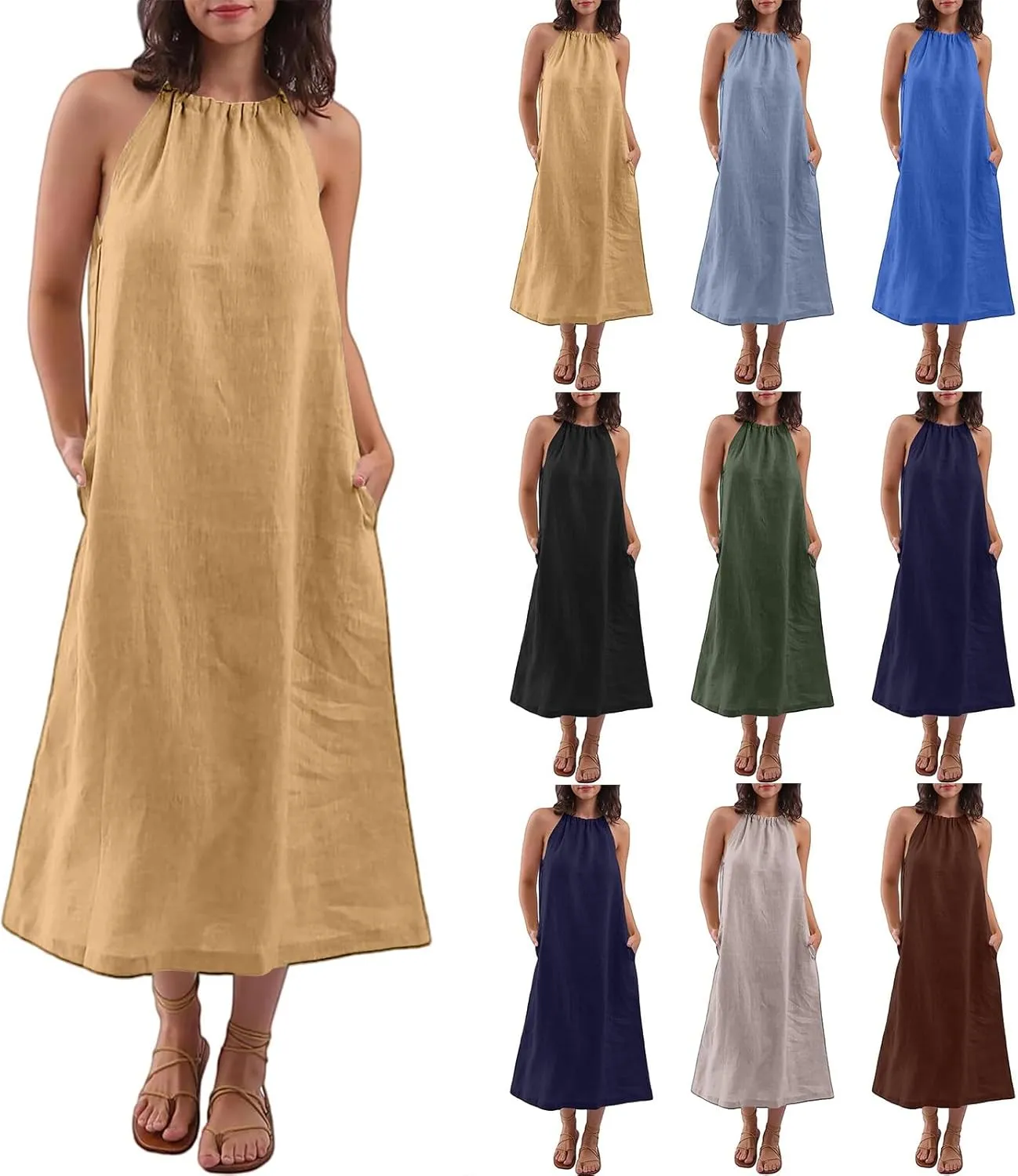 Linen Dresses for Women 2025 Casual Summer Sleeveless Halter Neck Midi Dress Long Flowy Beach Sundress with Pockets