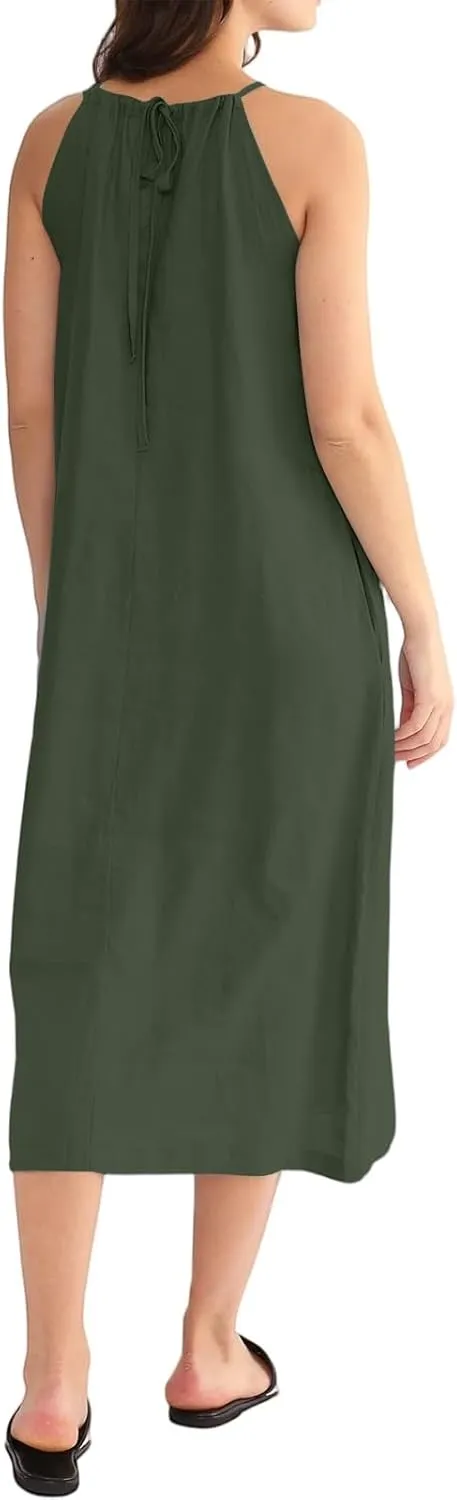 Linen Dresses for Women 2025 Casual Summer Sleeveless Halter Neck Midi Dress Long Flowy Beach Sundress with Pockets
