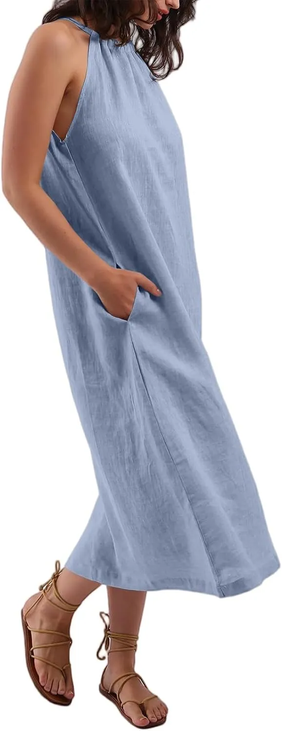 Linen Dresses for Women 2025 Casual Summer Sleeveless Halter Neck Midi Dress Long Flowy Beach Sundress with Pockets