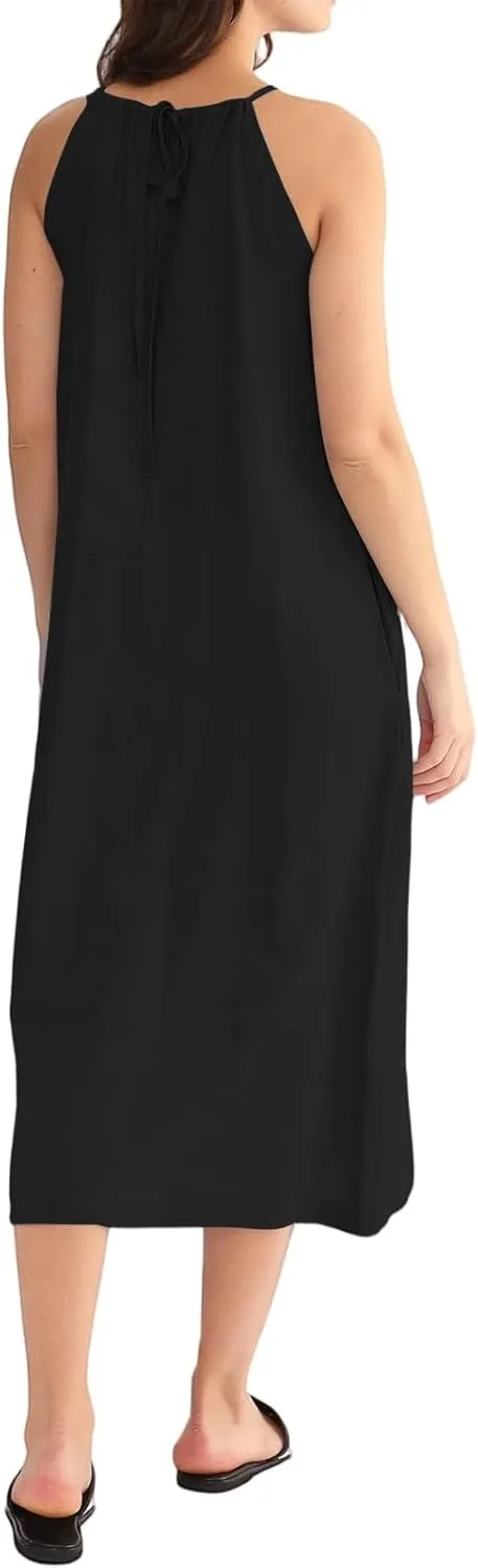 Linen Dresses for Women 2025 Casual Summer Sleeveless Halter Neck Midi Dress Long Flowy Beach Sundress with Pockets