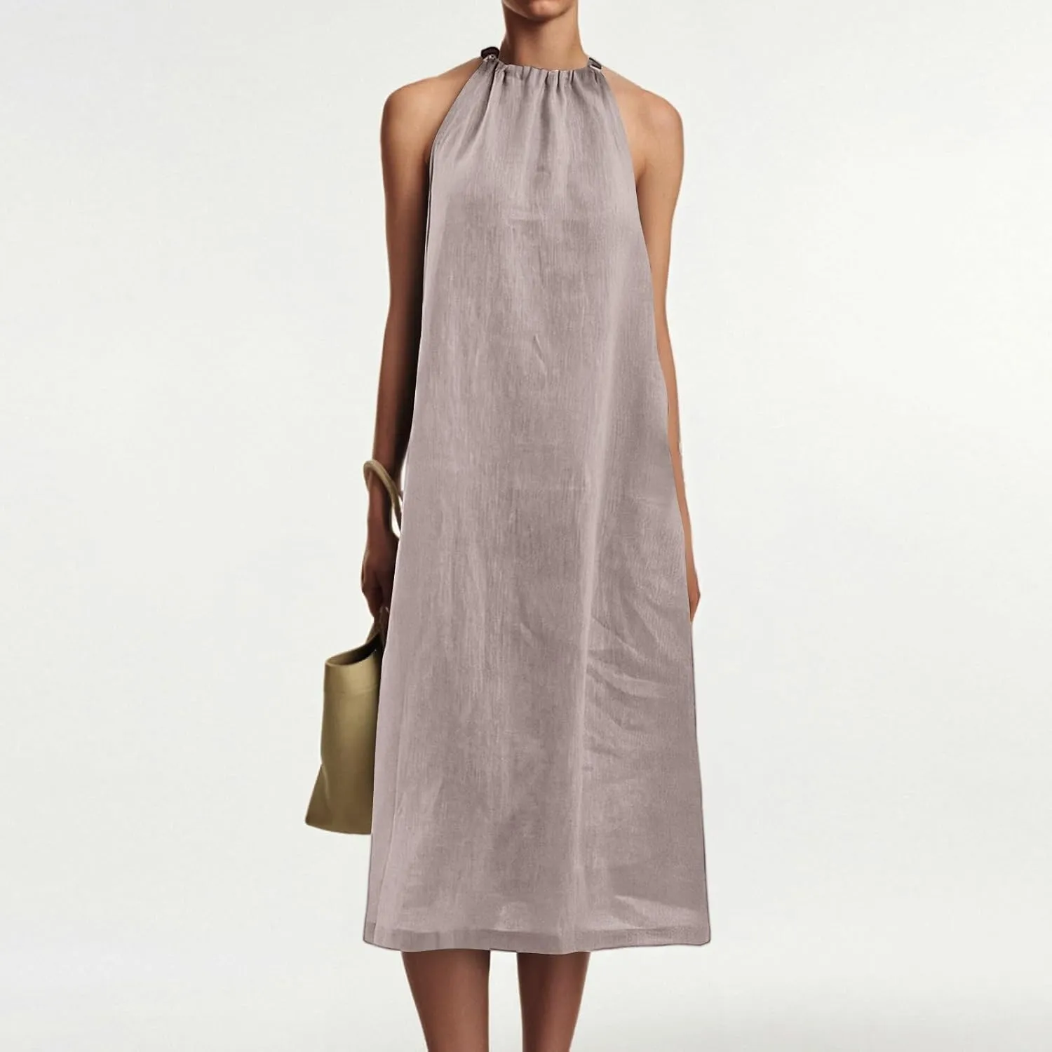 Linen Dresses for Women 2025 Casual Summer Sleeveless Halter Neck Midi Dress Long Flowy Beach Sundress with Pockets