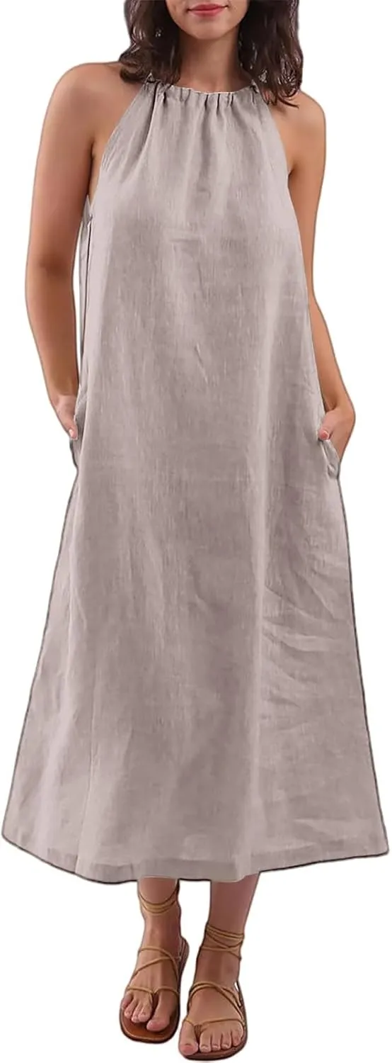 Linen Dresses for Women 2025 Casual Summer Sleeveless Halter Neck Midi Dress Long Flowy Beach Sundress with Pockets
