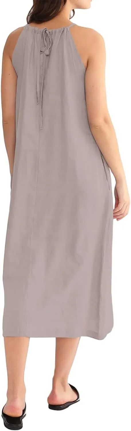 Linen Dresses for Women 2025 Casual Summer Sleeveless Halter Neck Midi Dress Long Flowy Beach Sundress with Pockets