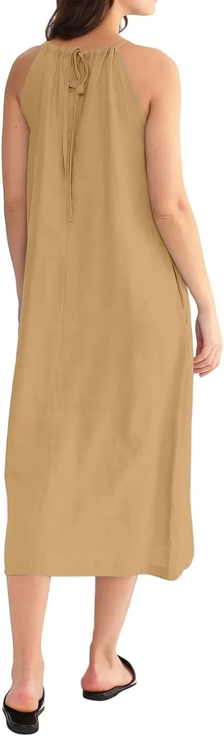 Linen Dresses for Women 2025 Casual Summer Sleeveless Halter Neck Midi Dress Long Flowy Beach Sundress with Pockets