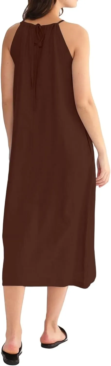 Linen Dresses for Women 2025 Casual Summer Sleeveless Halter Neck Midi Dress Long Flowy Beach Sundress with Pockets