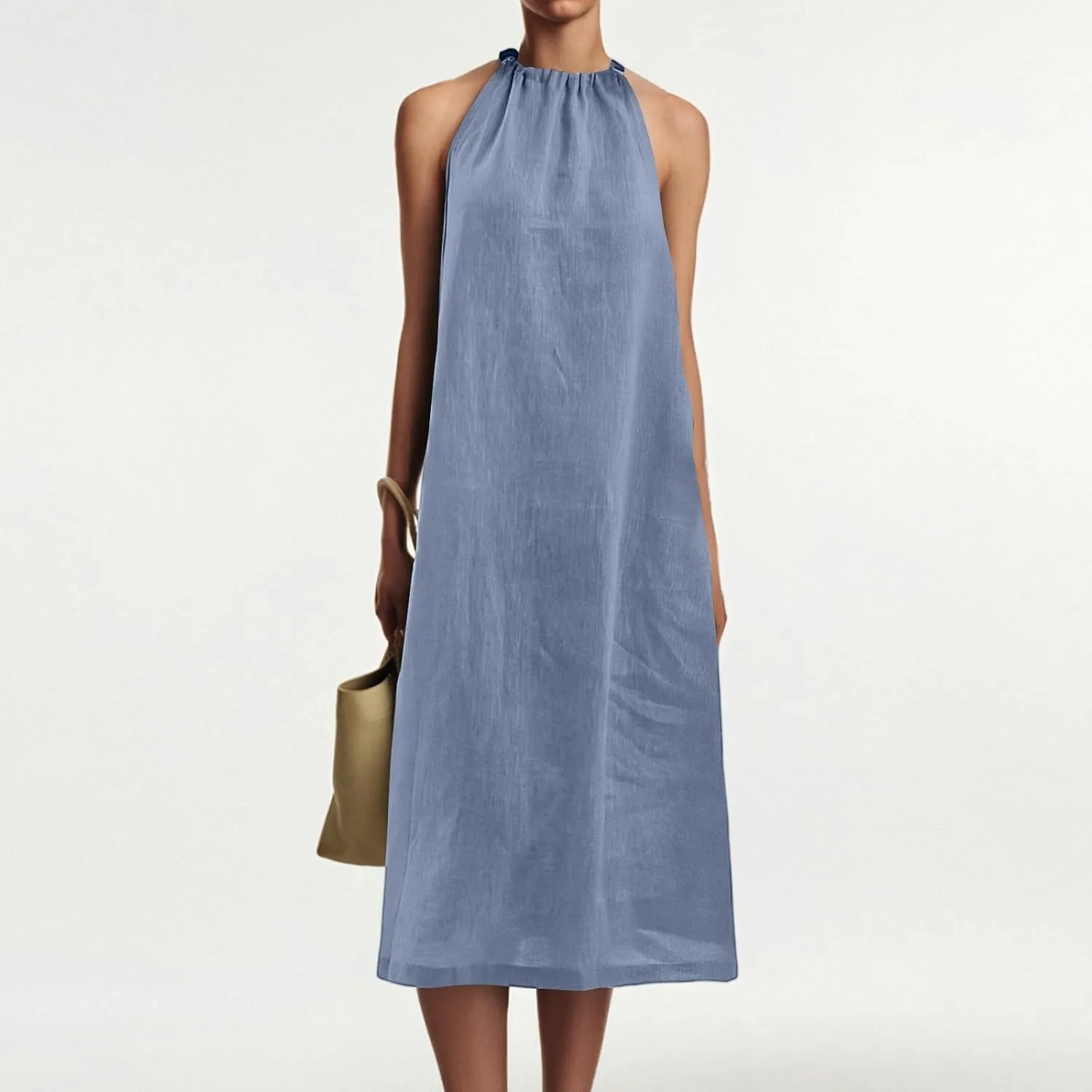 Linen Dresses for Women 2025 Casual Summer Sleeveless Halter Neck Midi Dress Long Flowy Beach Sundress with Pockets