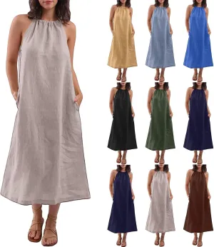 Linen Dresses for Women 2025 Casual Summer Sleeveless Halter Neck Midi Dress Long Flowy Beach Sundress with Pockets