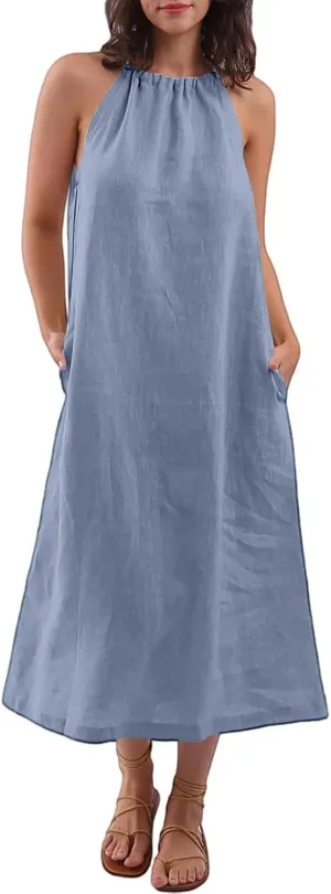 Linen Dresses for Women 2025 Casual Summer Sleeveless Halter Neck Midi Dress Long Flowy Beach Sundress with Pockets