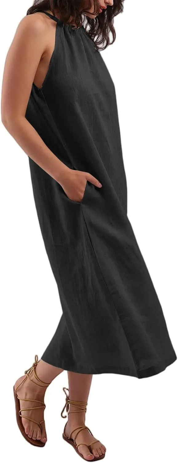 Linen Dresses for Women 2025 Casual Summer Sleeveless Halter Neck Midi Dress Long Flowy Beach Sundress with Pockets