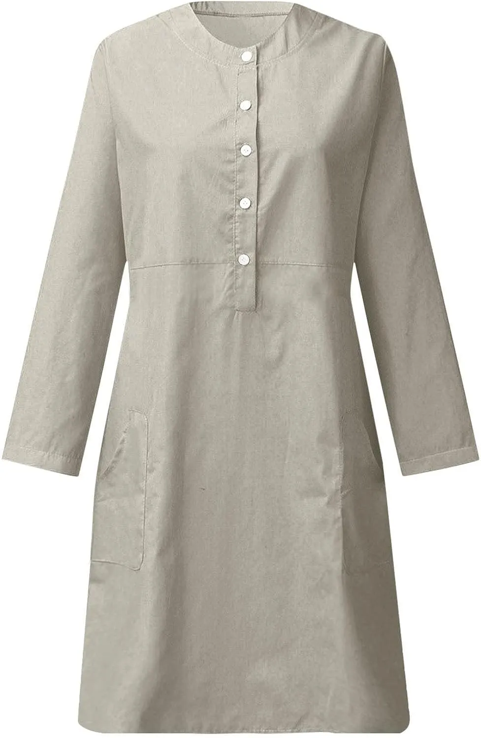 Linen Dresses for Women 2025 Long Sleeve Button Vintage Solid Midi Dress Round Neck Loose Summer Skirt with Pocket