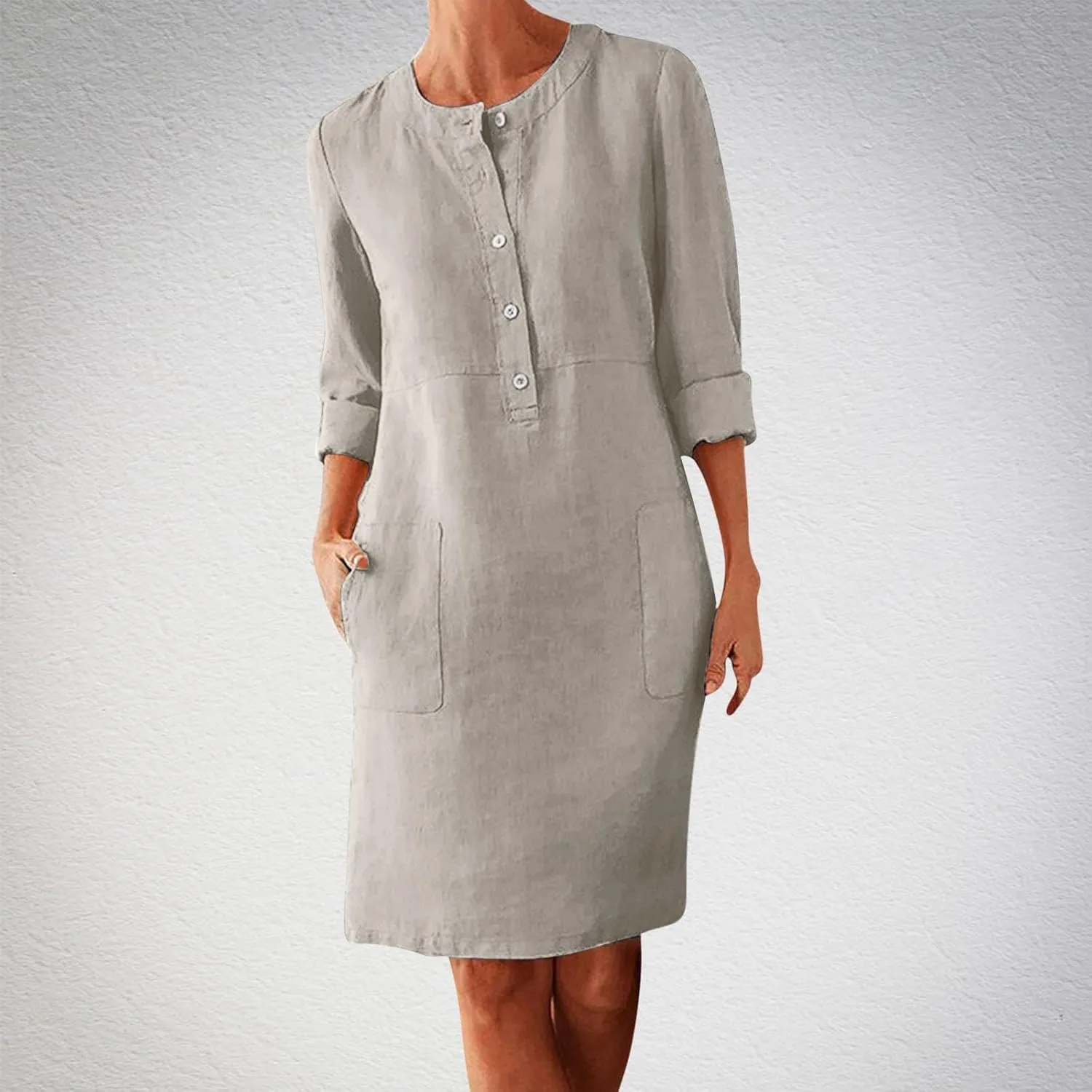Linen Dresses for Women 2025 Long Sleeve Button Vintage Solid Midi Dress Round Neck Loose Summer Skirt with Pocket