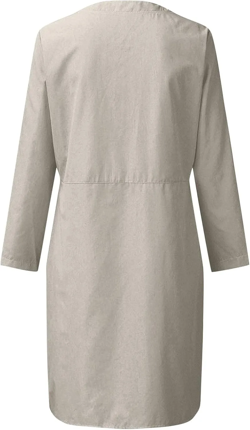 Linen Dresses for Women 2025 Long Sleeve Button Vintage Solid Midi Dress Round Neck Loose Summer Skirt with Pocket