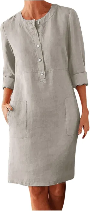 Linen Dresses for Women 2025 Long Sleeve Button Vintage Solid Midi Dress Round Neck Loose Summer Skirt with Pocket