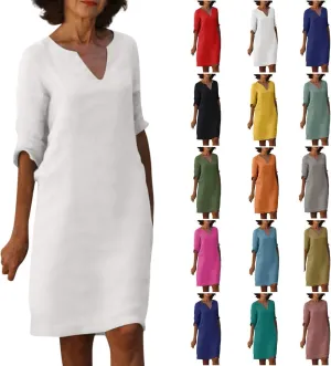 Linen Dresses for Women Casual Summer 3/4 Sleeve V Neck Knee Length Dress Loose Comfy T Shirt Dress Mumu Nightgown