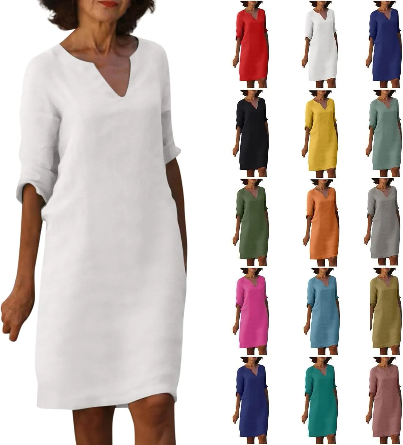 Linen Dresses for Women Casual Summer 3/4 Sleeve V Neck Knee Length Dress Loose Comfy T Shirt Dress Mumu Nightgown