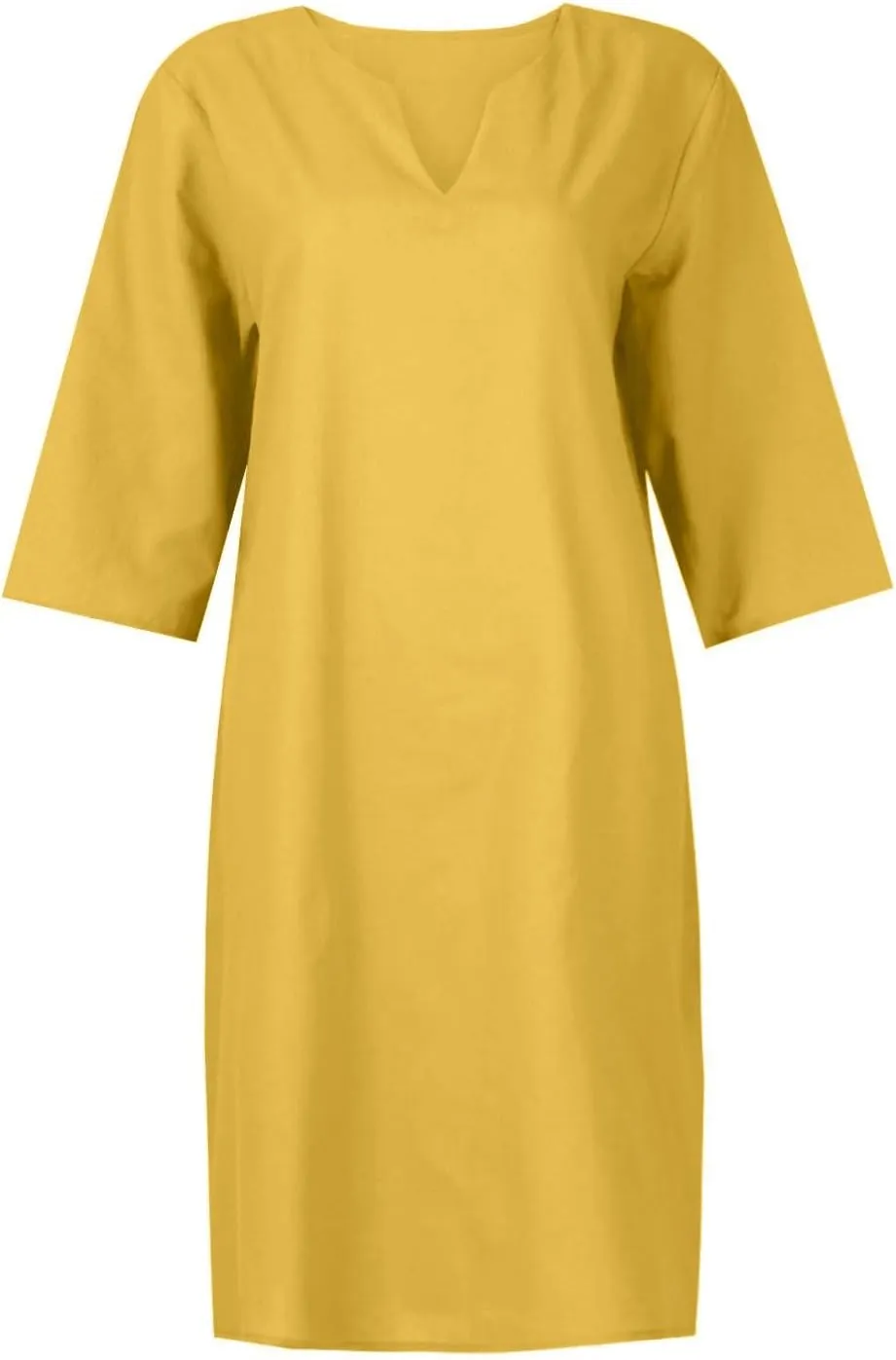 Linen Dresses for Women Casual Summer 3/4 Sleeve V Neck Knee Length Dress Loose Comfy T Shirt Dress Mumu Nightgown