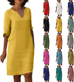 Linen Dresses for Women Casual Summer 3/4 Sleeve V Neck Knee Length Dress Loose Comfy T Shirt Dress Mumu Nightgown