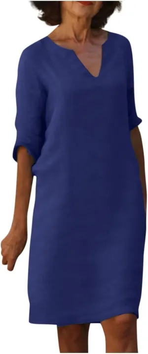 Linen Dresses for Women Casual Summer 3/4 Sleeve V Neck Knee Length Dress Loose Comfy T Shirt Dress Mumu Nightgown