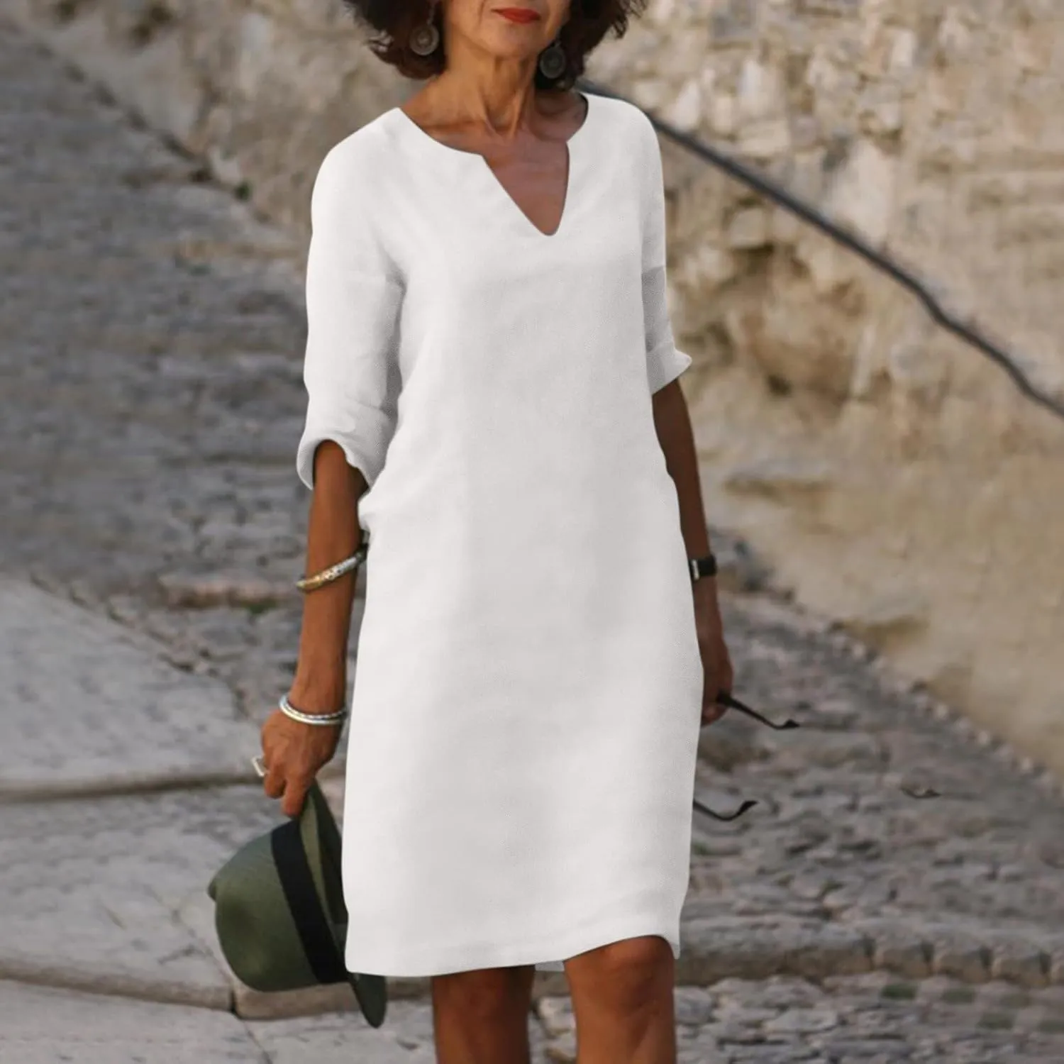 Linen Dresses for Women Casual Summer 3/4 Sleeve V Neck Knee Length Dress Loose Comfy T Shirt Dress Mumu Nightgown