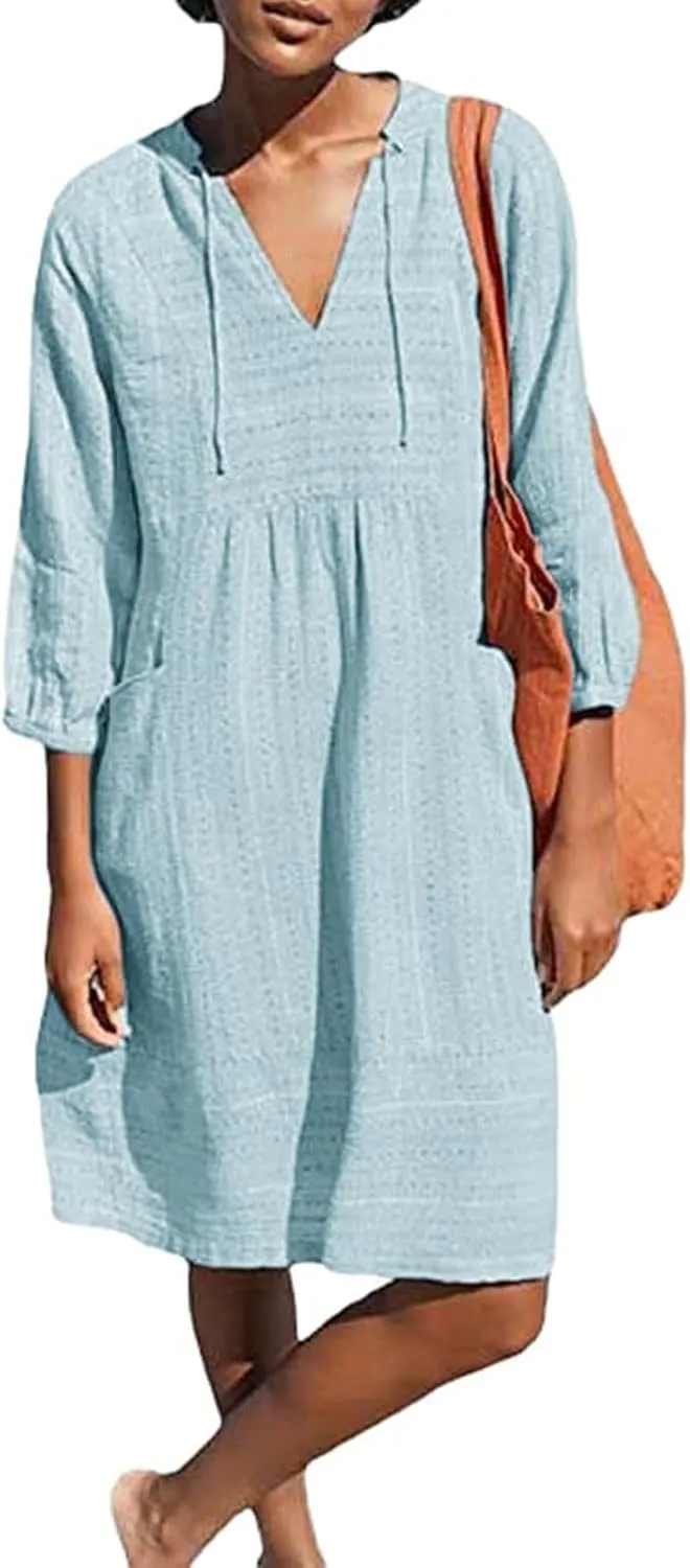 Linen Dresses for Women Cotton Casual Loose Shift Tunic Smock Summer Dresses 3/4 Sleeve Vacation Beach Sundress