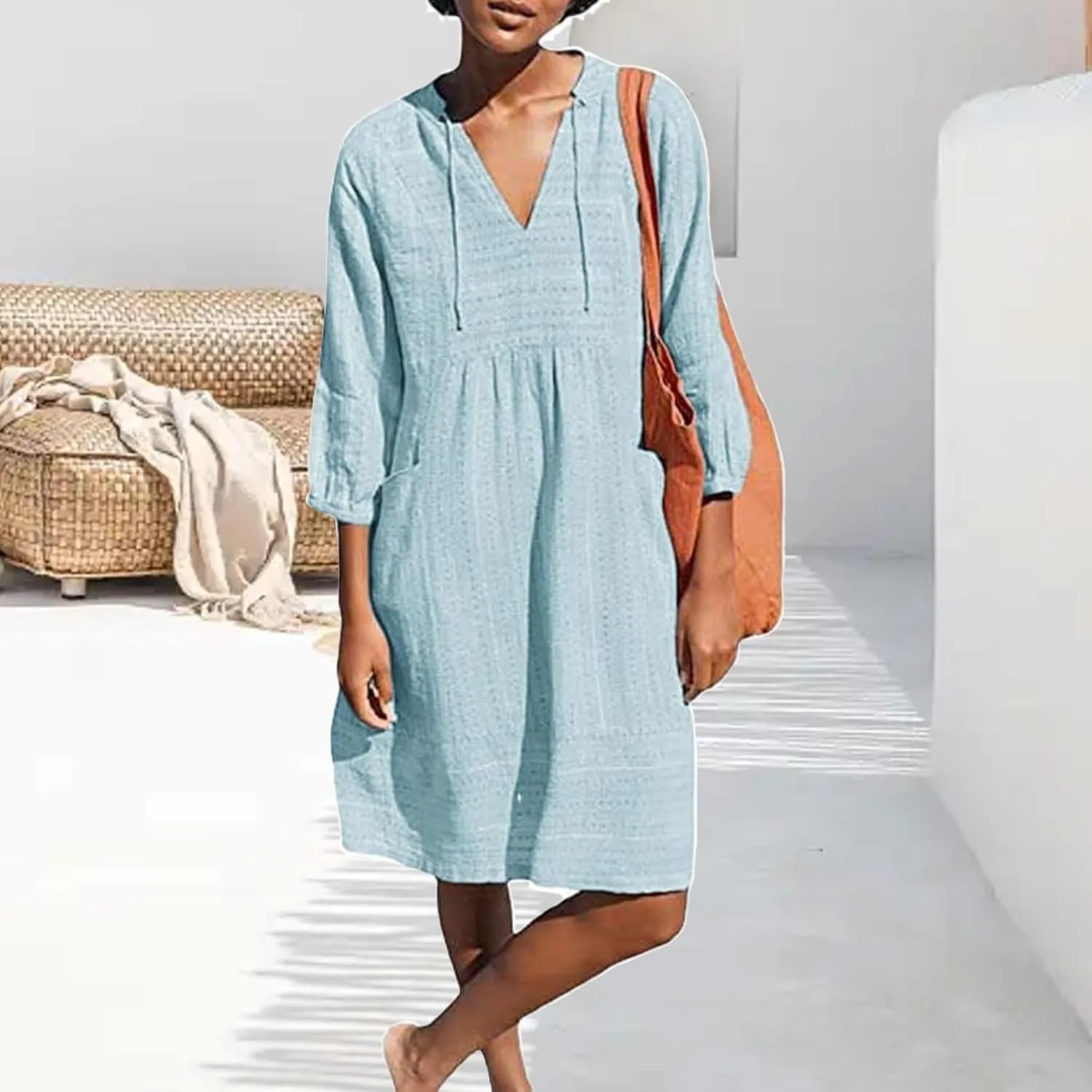 Linen Dresses for Women Cotton Casual Loose Shift Tunic Smock Summer Dresses 3/4 Sleeve Vacation Beach Sundress